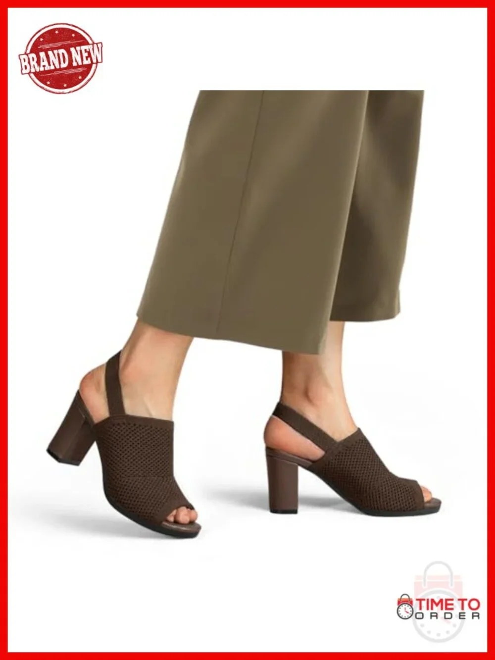 Knit Peep Toe Slingback Sandals Chunky Block Heels Comfortable